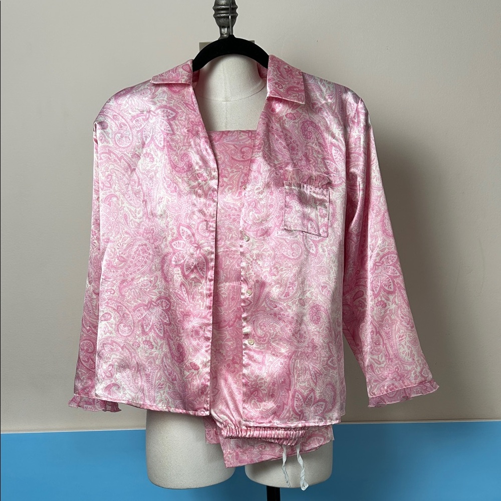 Oscar de la Renta Pink Satin Pajama Top and Bottom Set size M VTG